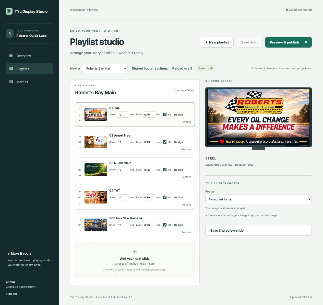 Actual Roberts Quick Lube Display Studio playlist editor