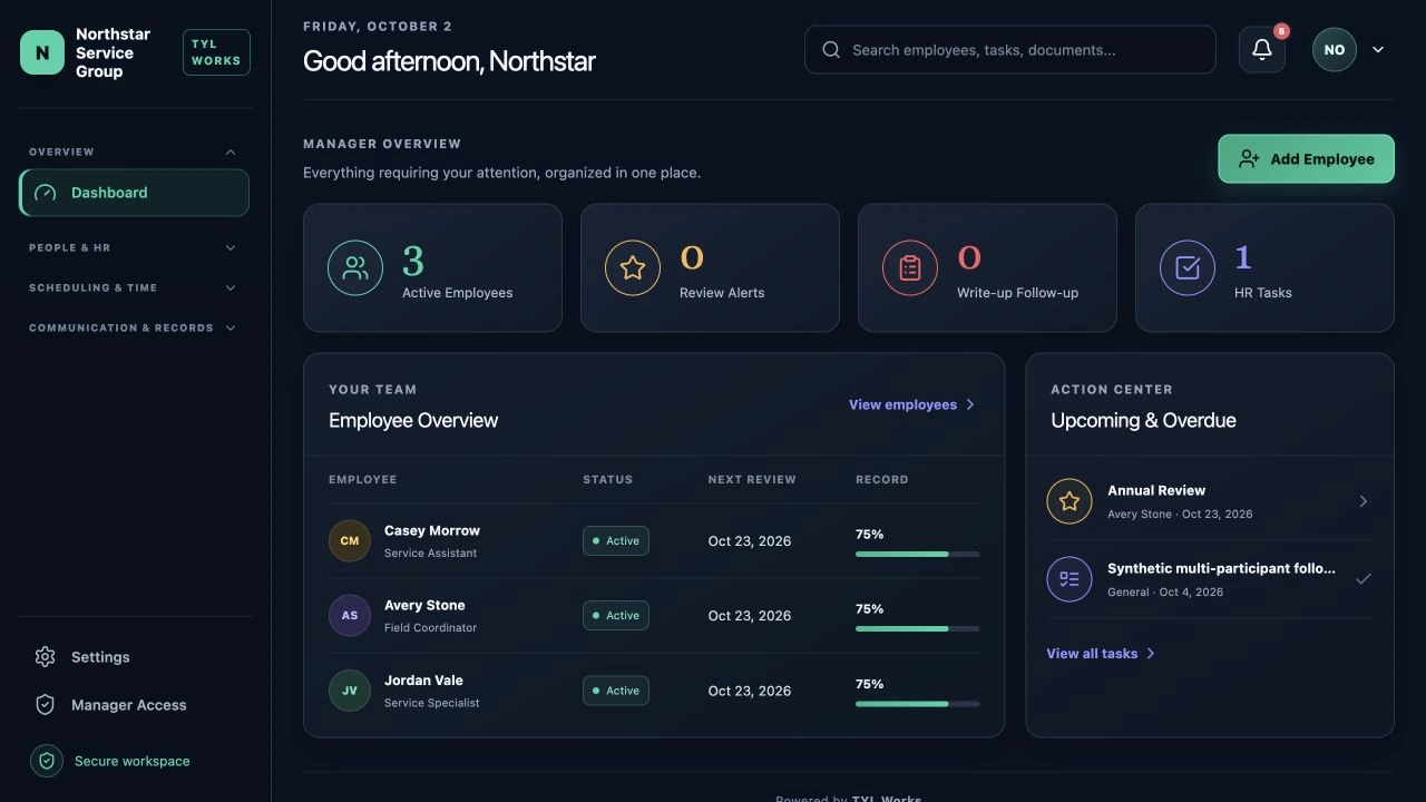 TYL Works manager dashboard showing fictional employees Casey Morrow, Avery Stone and Jordan Vale, with demonstration team records and upcoming tasks