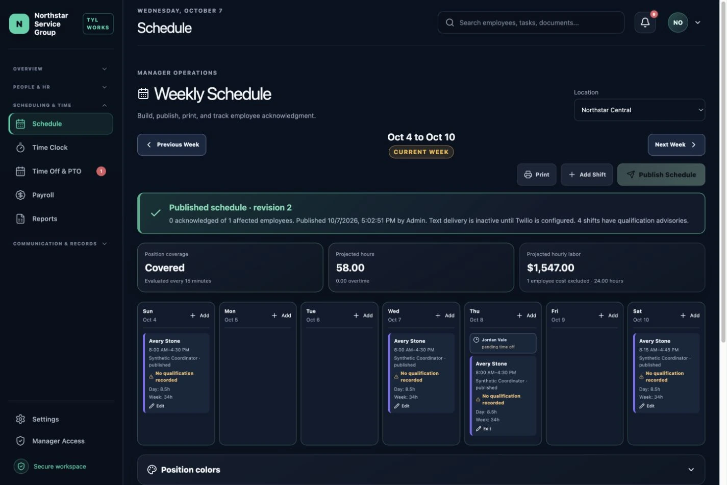 Actual TYL Works scheduling interface with sample data